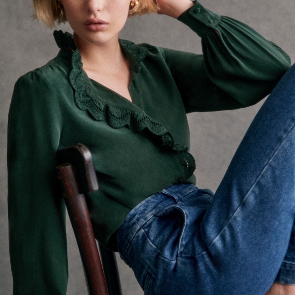 Sezane Chlo Blouse in Bottle Green